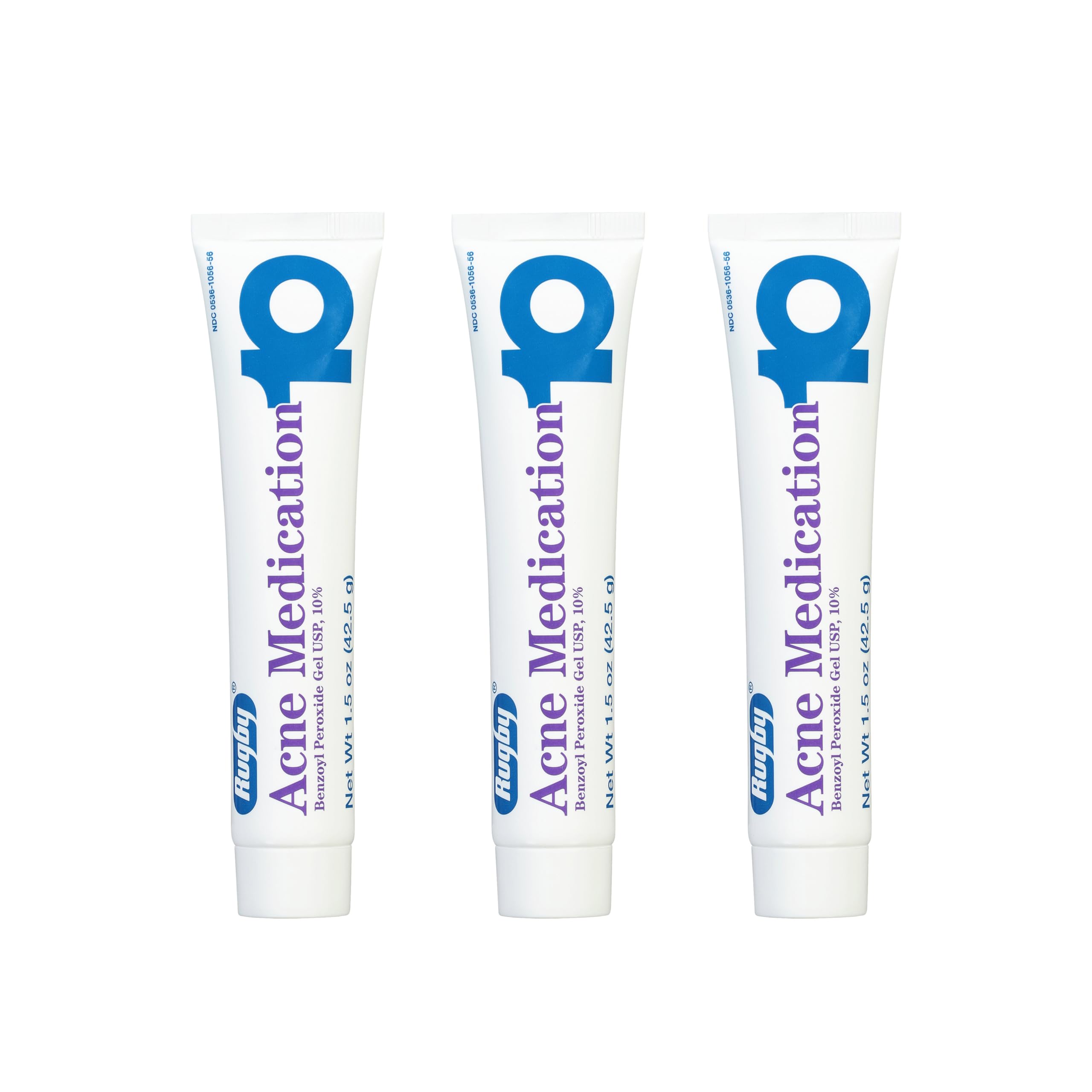 Rugby Laboratories benzoyl peroxide gel 10% bottle in a bright bathroom ready for nightly use.