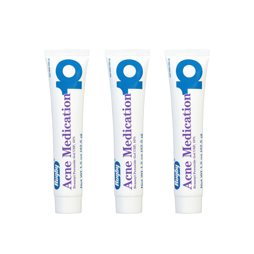 Rugby Laboratories benzoyl peroxide gel 10% bottle in a bright bathroom ready for nightly use.