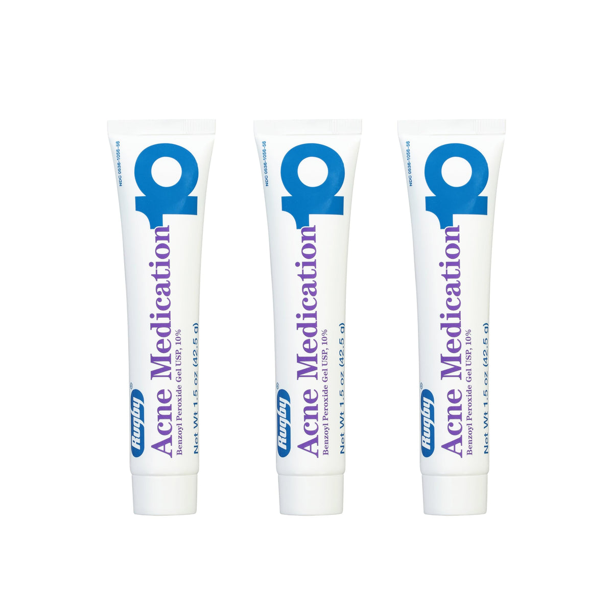 Rugby Laboratories benzoyl peroxide gel 10% bottle in a bright bathroom ready for nightly use.