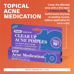 Rugby Laboratories benzoyl peroxide gel 10% tube on countertop shows clear acne treatment option.