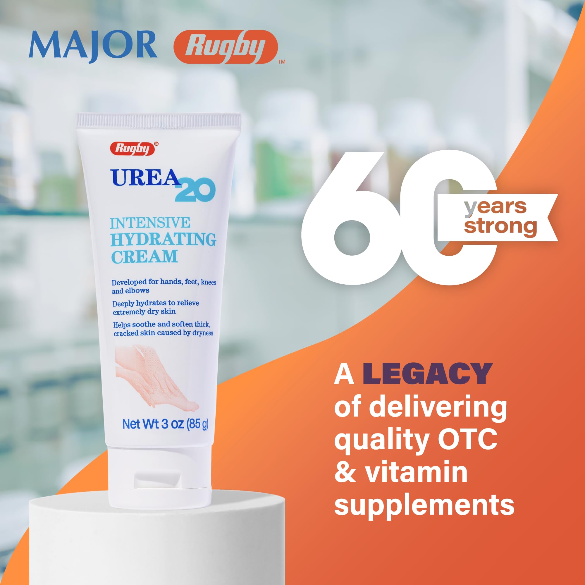 Rugby Laboratories urea 20% cream on feet for soft, smooth skin.