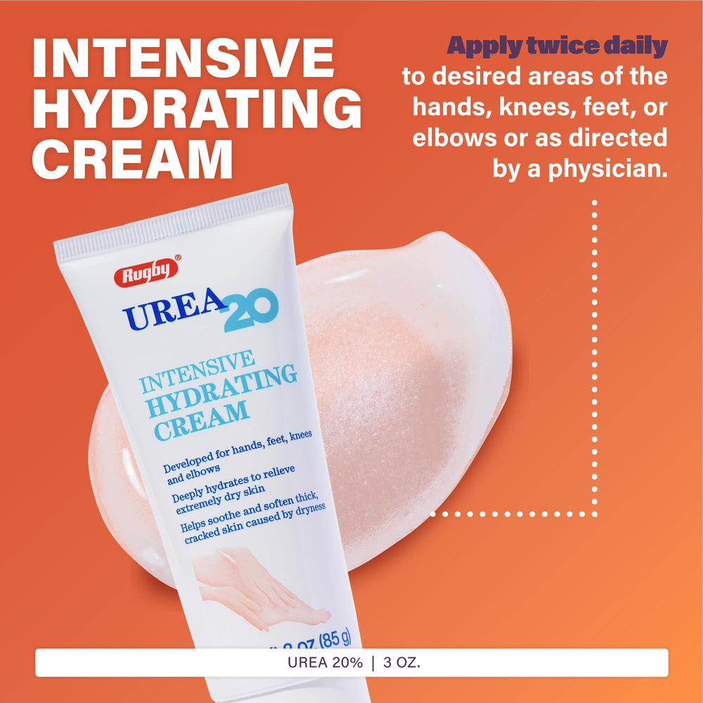 Rugby Laboratories urea 20% cream on hands to relieve dryness.