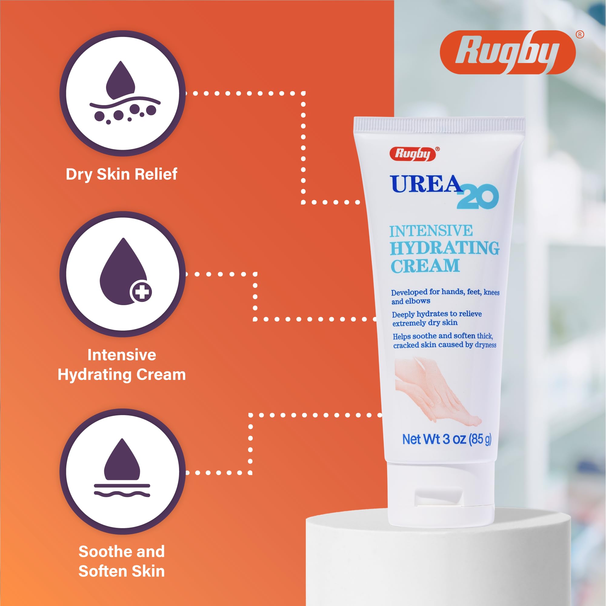 Rugby Laboratories urea 20% cream 3 oz pack on display.