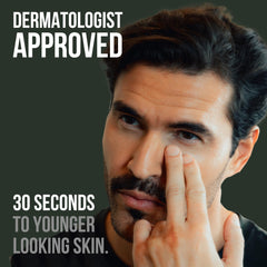 RUGGED and DAPPER age defense formula with hyaluronic acid and peptides for long-lasting hydration.