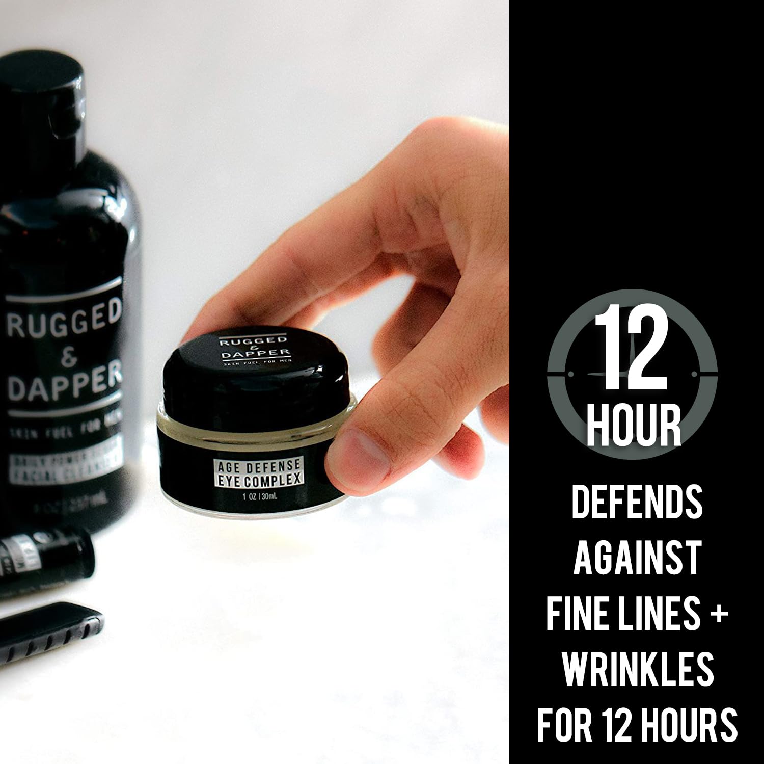 RUGGED and DAPPER unscented eye cream gel bottle delivering instant hydration with a non-greasy finish.