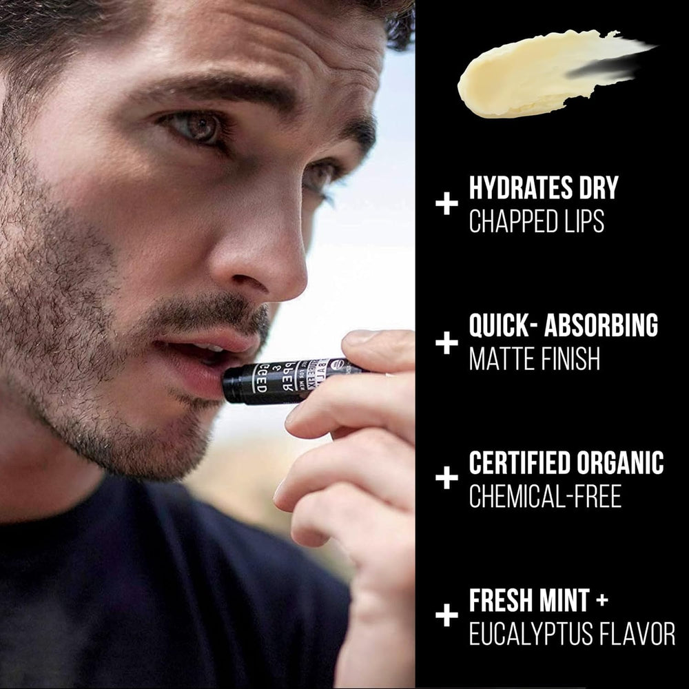RUGGED AND DAPPER lip balm with eucalyptus and mint for a refreshing feel.