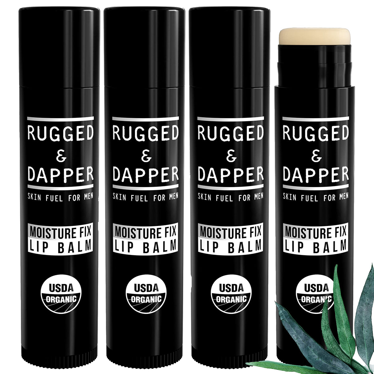 RUGGED & DAPPER lip balm travel tubes four-pack for on-the-go hydration.