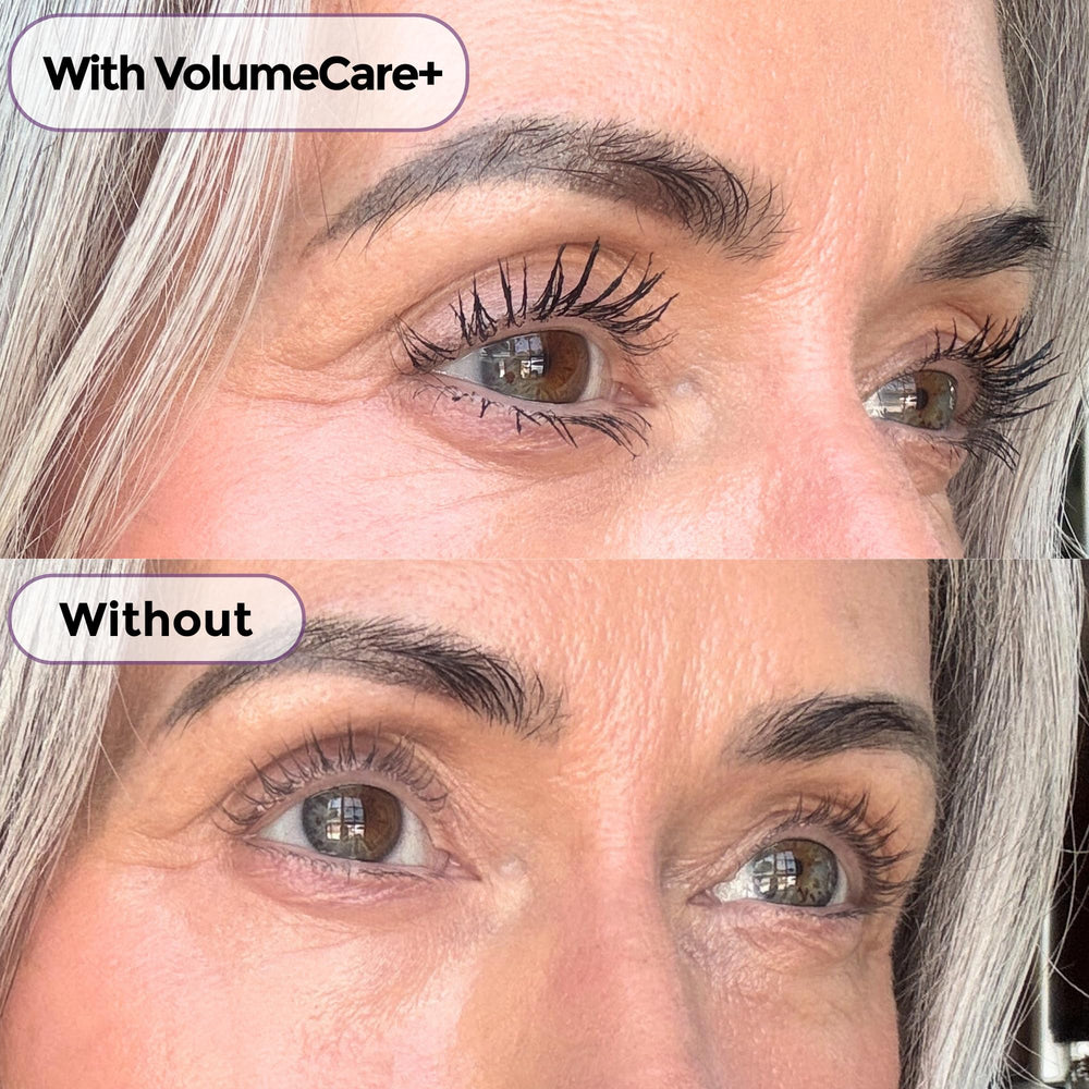 Rumi Cosmetiques VolumeCare+ Mascara bottle front with color options.