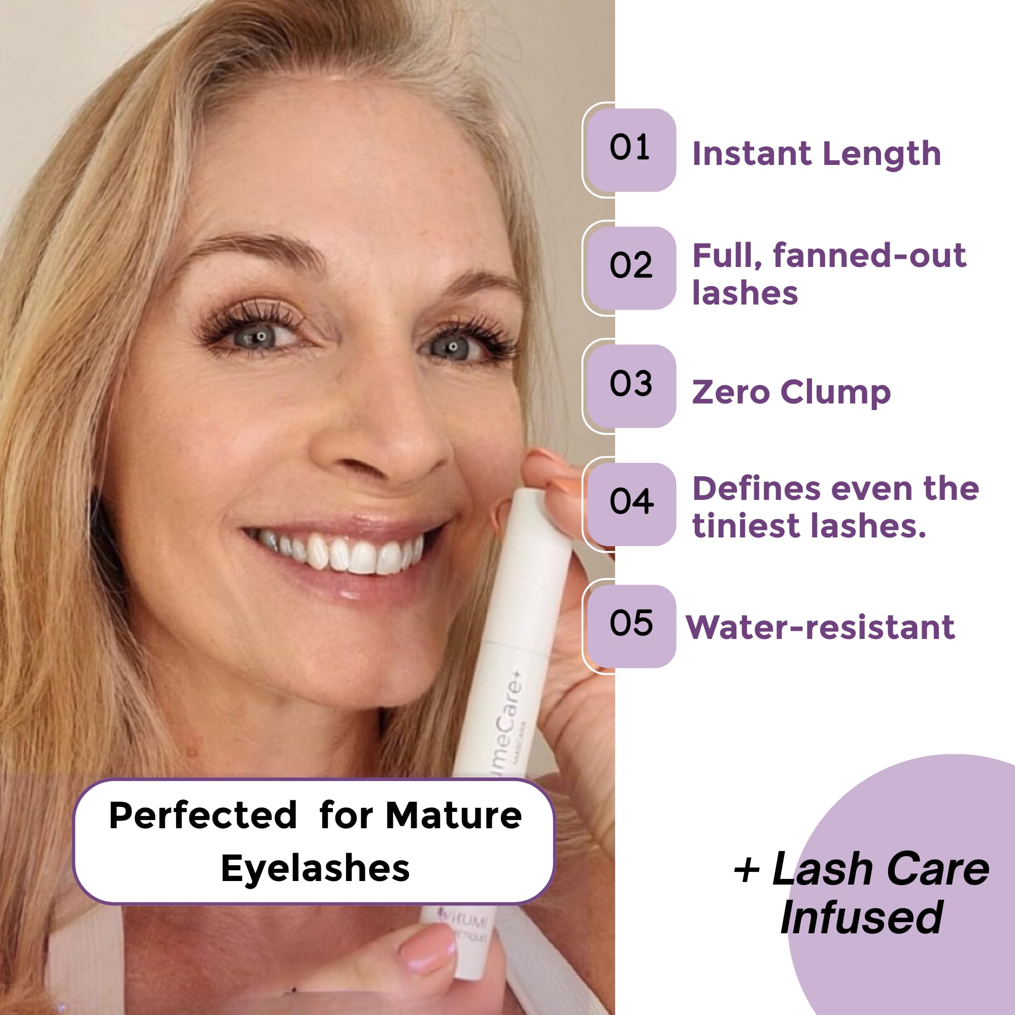 Rumi Cosmetiques VolumeCare+ Mascara brush closeup showing even coating.