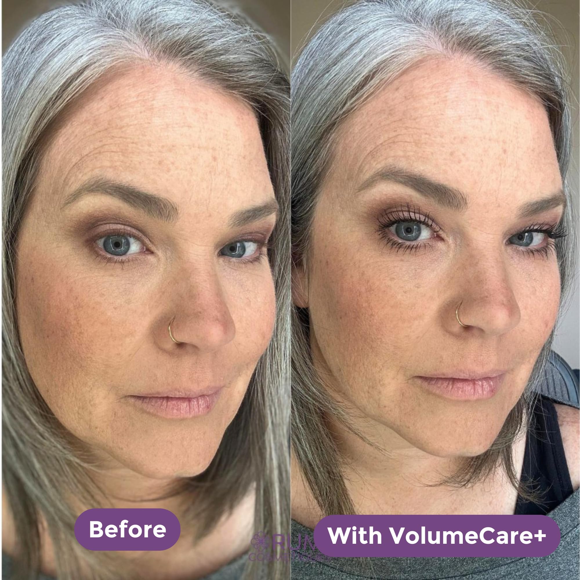 Rumi Cosmetiques VolumeCare+ Mascara swatch dark brown for versatile depth.