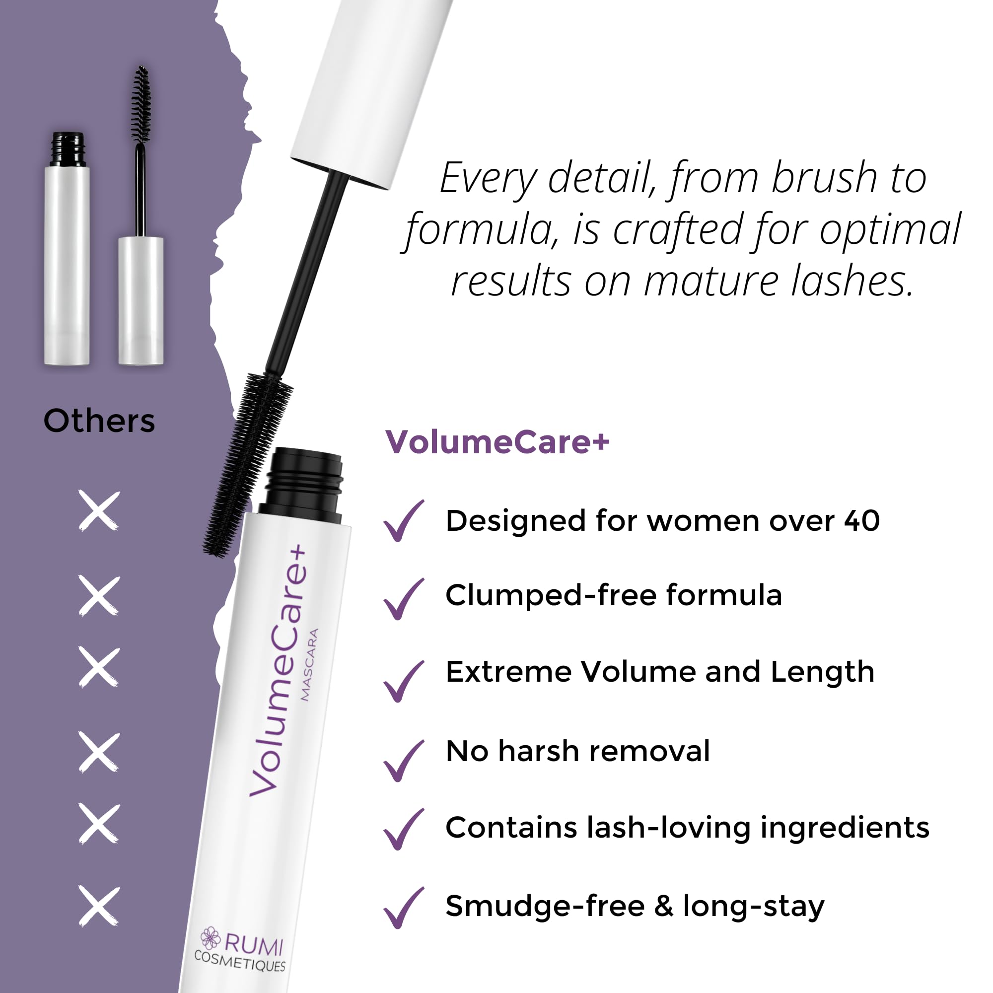Rumi Cosmetiques VolumeCare+ Mascara water resistance test for all-day wear.