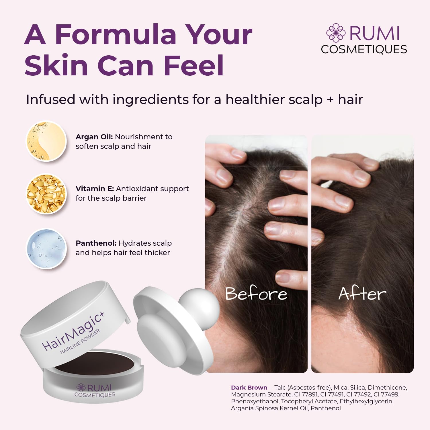 Rumi Cosmetiques HairMagic+ part-line concealment for a fuller, believable hairline.