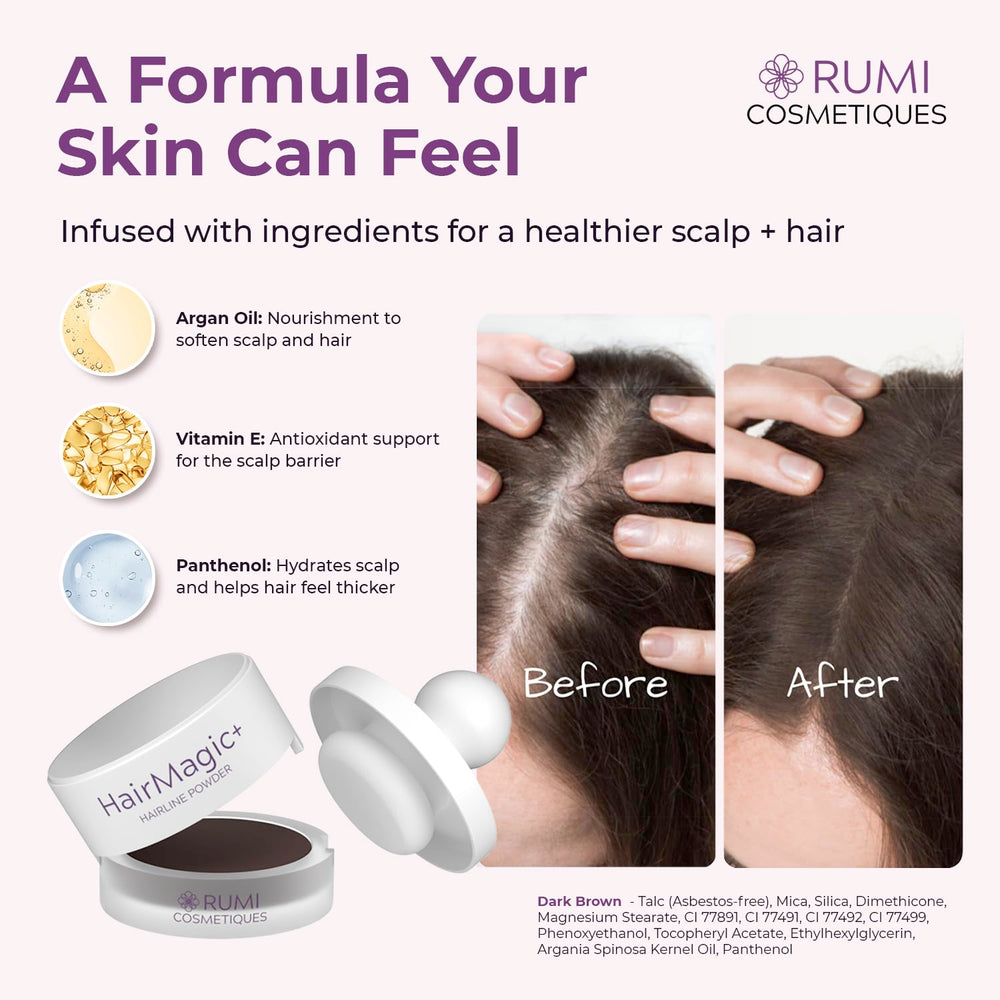 Rumi Cosmetiques HairMagic+ part-line concealment for a fuller, believable hairline.