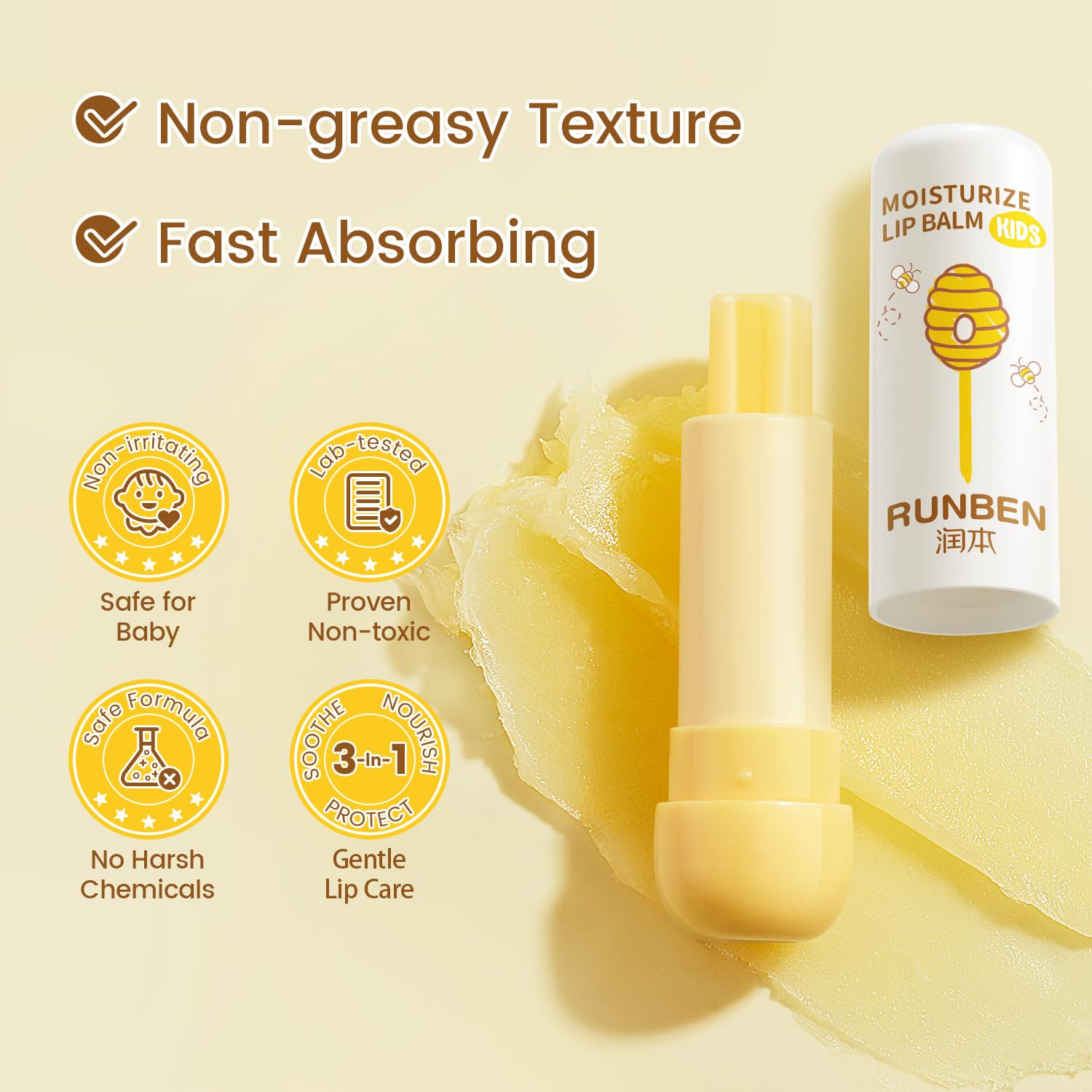 RUNBEN bálsamo labial infantil tamano 0-14 oz listo para viajar.