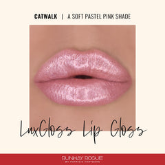 Runway Rogue LuxGloss swatch macro reveals high-pigment shimmer with non-sticky feel.