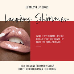 Runway Rogue LuxGloss swatch on skin shows rich color and glow.