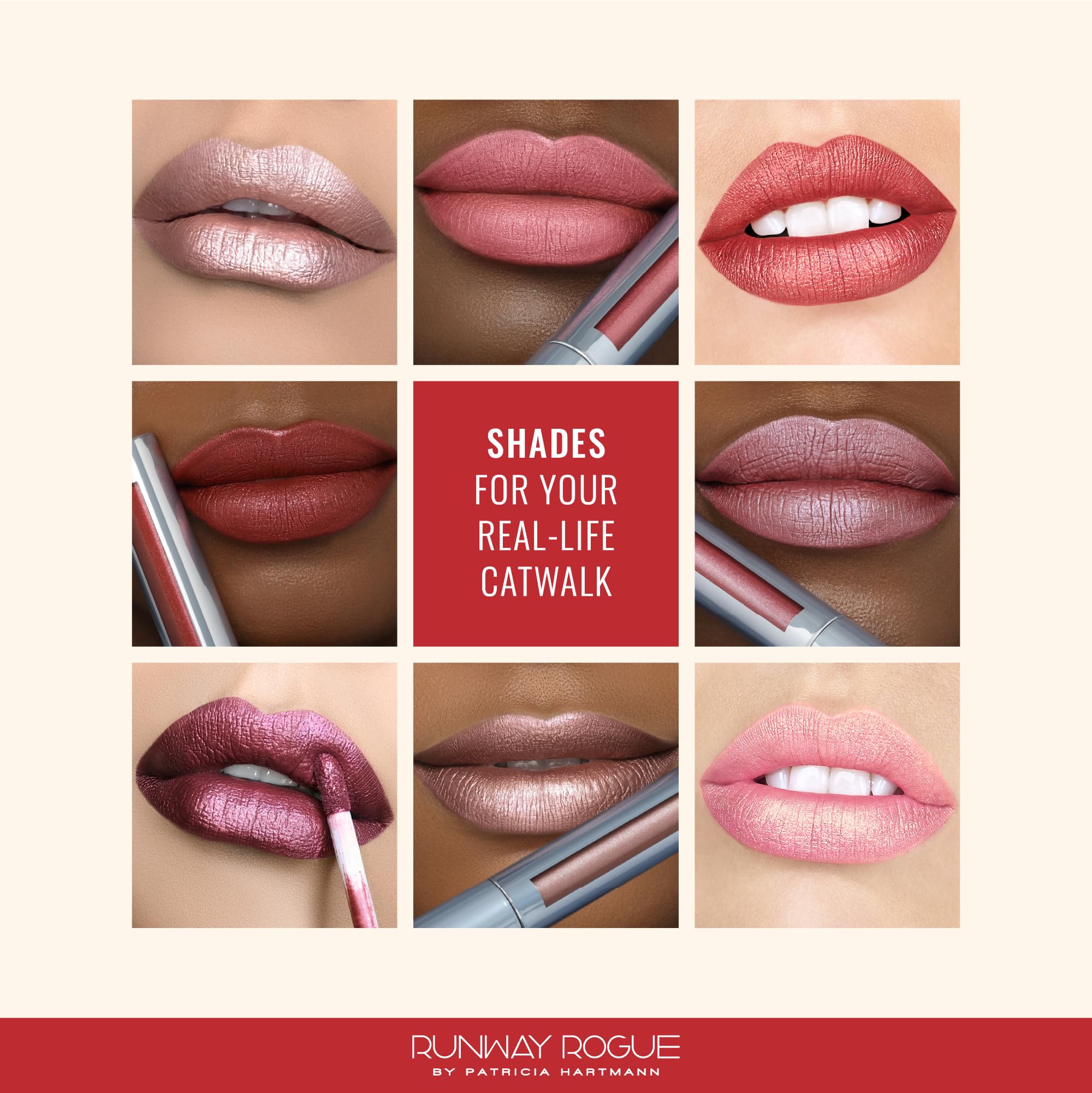 Runway Rogue Pearl Glam shimmer detail adds depth and dimension to lips.