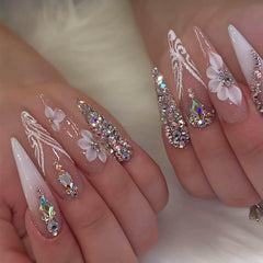 RUOKEXIN Unas press on stilettos con cristales, acabado blanco ombre para looks elegantes