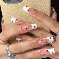 RUPOFUZA uña pegable Frances blanco largo con corazón rojo, estilo romántico