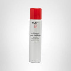 RUSK brand on salon shelf emphasizes professional styling for color-treated hair.