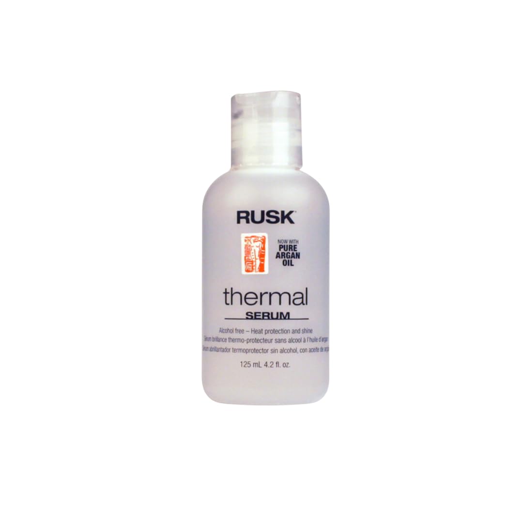 Serum termico de RUSK con argán para brillo y suavidad en el peinado.