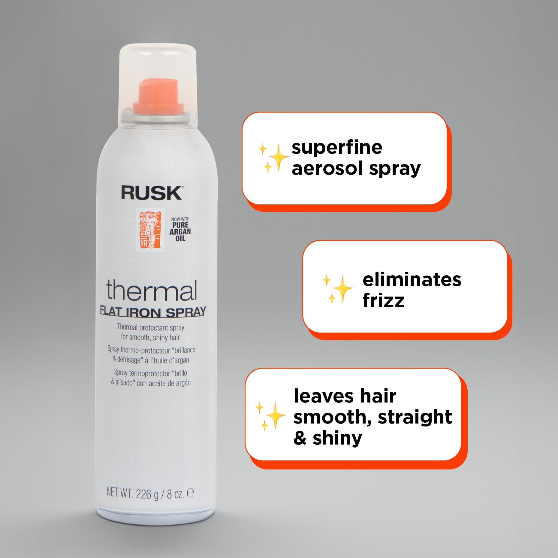 RUSK Designer Collection spray microfinos se aplica de forma uniforme para control del encrespamiento.