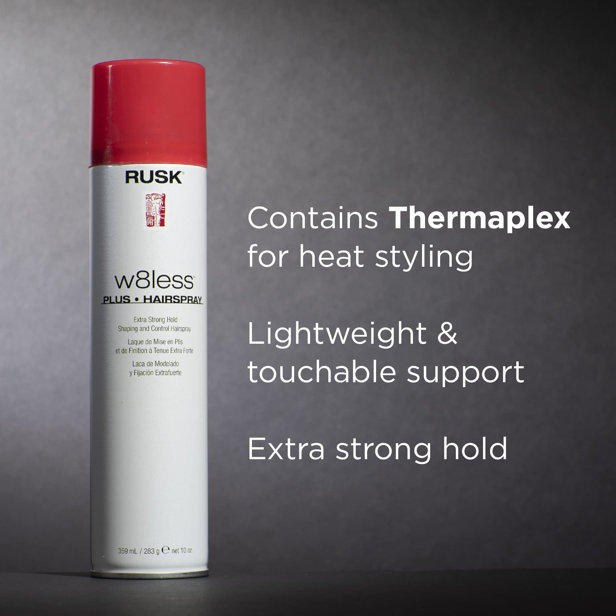 RUSK hairspray dispense nozzle closeup highlights precise, even application for control.