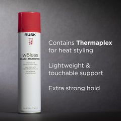 RUSK hairspray dispense nozzle closeup highlights precise, even application for control.