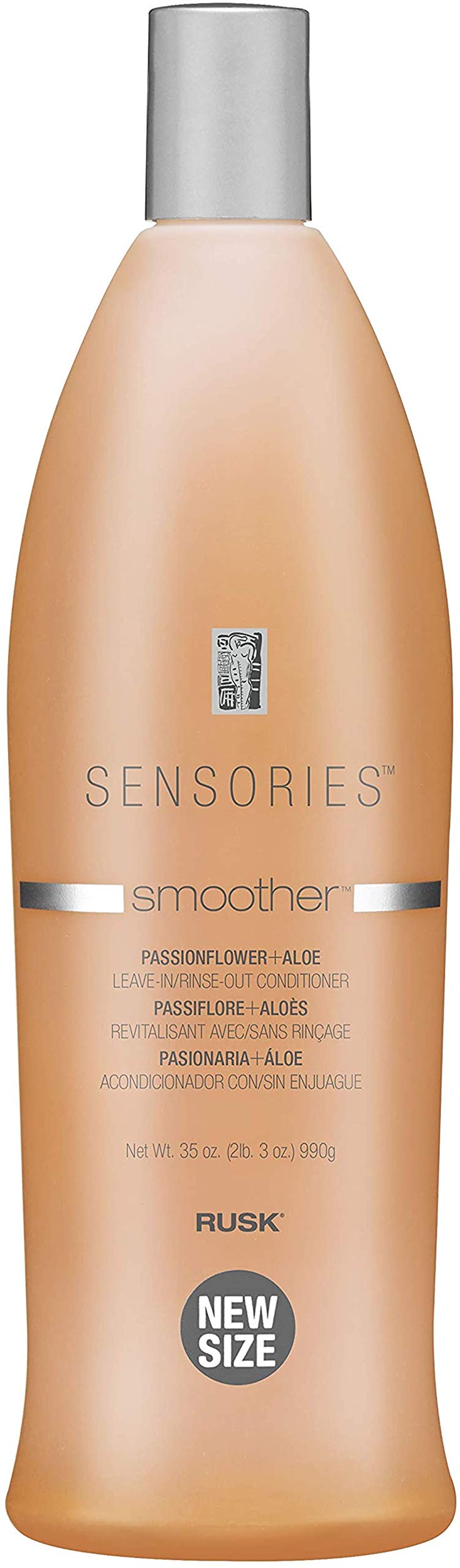 RUSK Sensories Smoother frasco con passiflora y aloe, aporta brillo y suavidad.