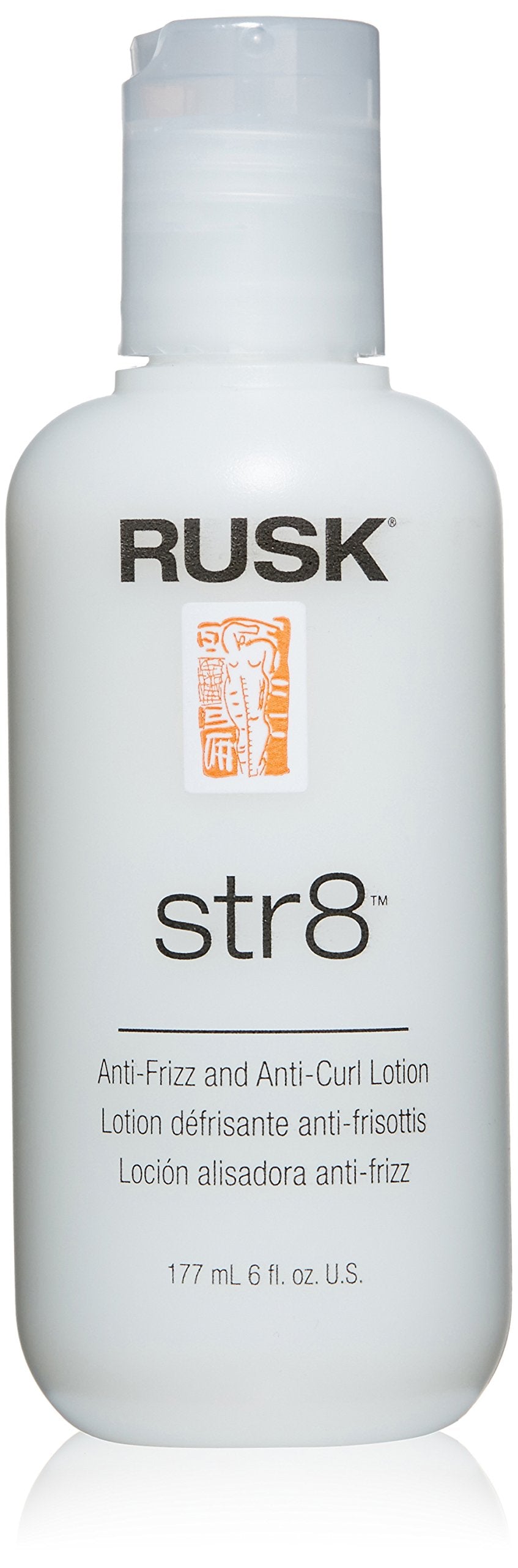 RUSK Str8 loción anti-frizz en botella, control suave del peinado.