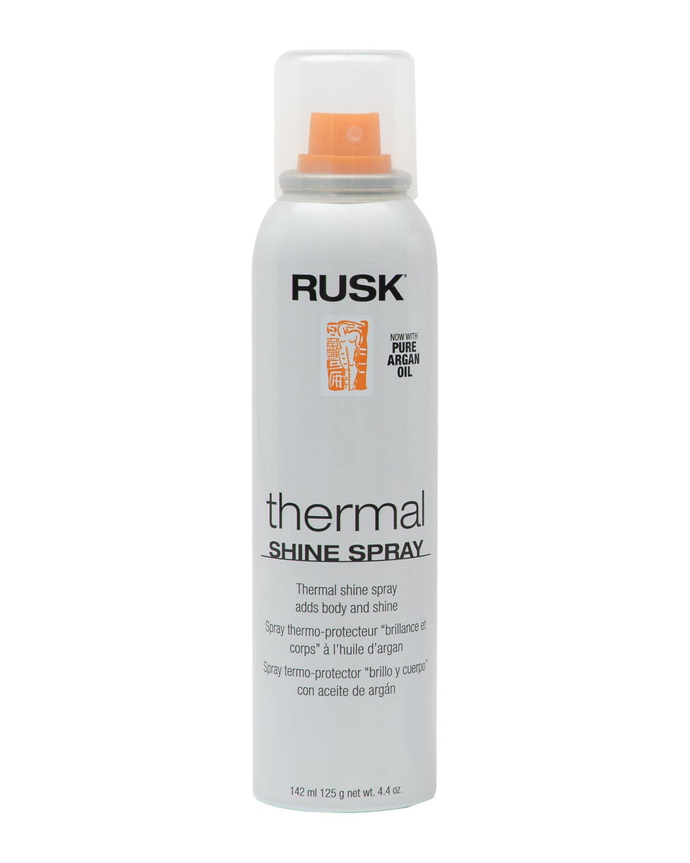 RUSK Thermal Shine Spray: botella visible, brillo y cuerpo para el peinado