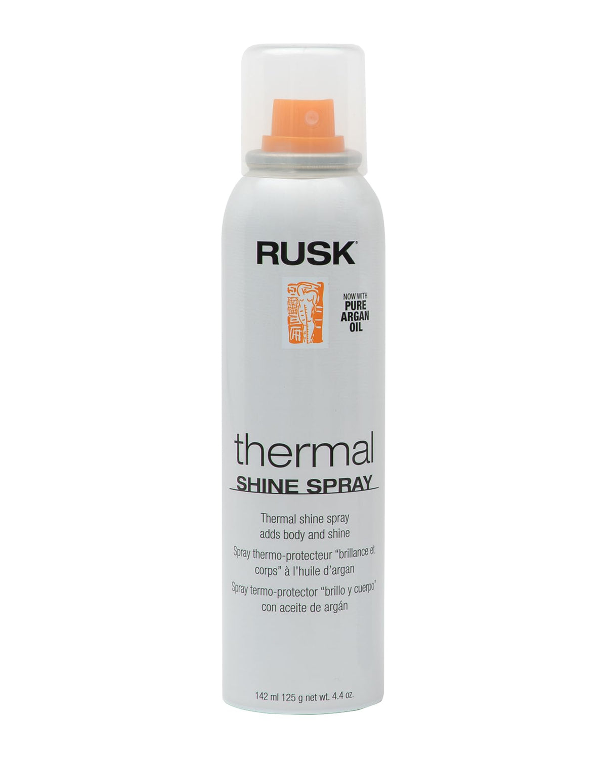 RUSK Thermal Shine Spray: botella visible, brillo y cuerpo para el peinado