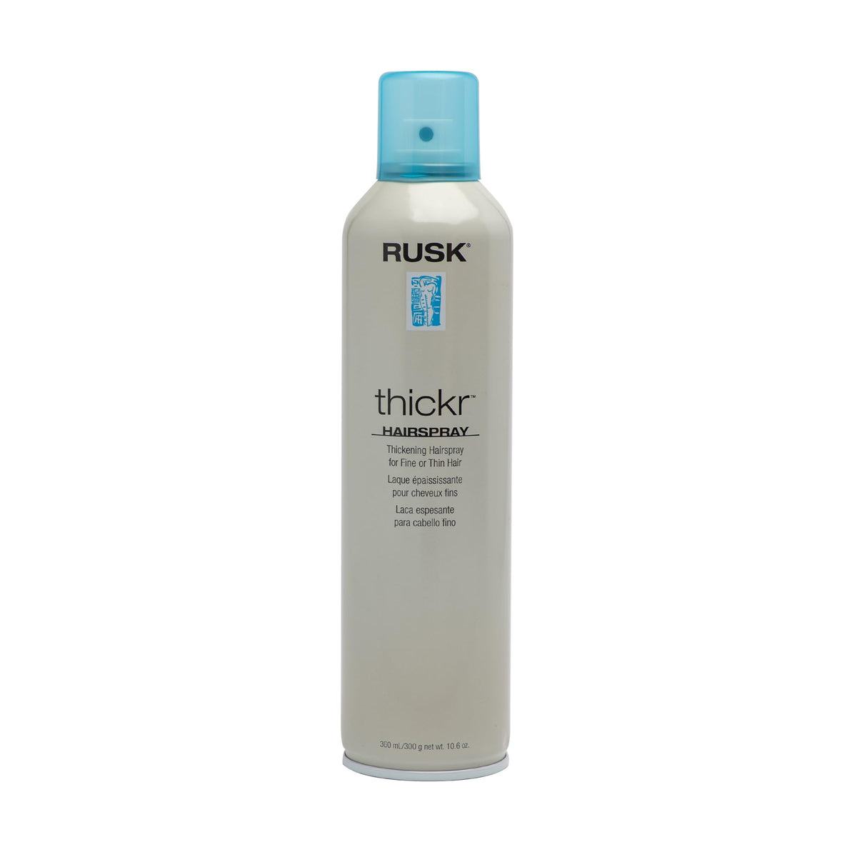 RUSK Thickr en botella de 10 oz, fijación duradera y textura notable.