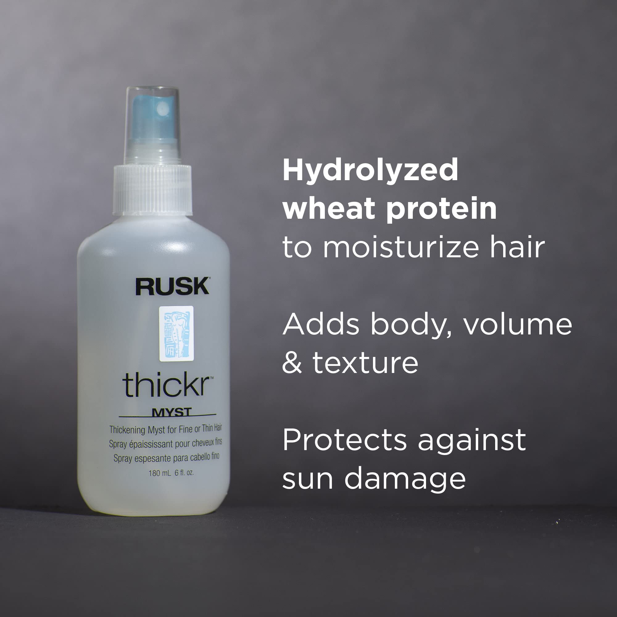 RUSK Thickr Mist aplicado al cabello fino para aportar volumen duradero.