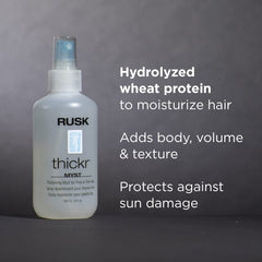 RUSK Thickr Mist aplicado al cabello fino para aportar volumen duradero.
