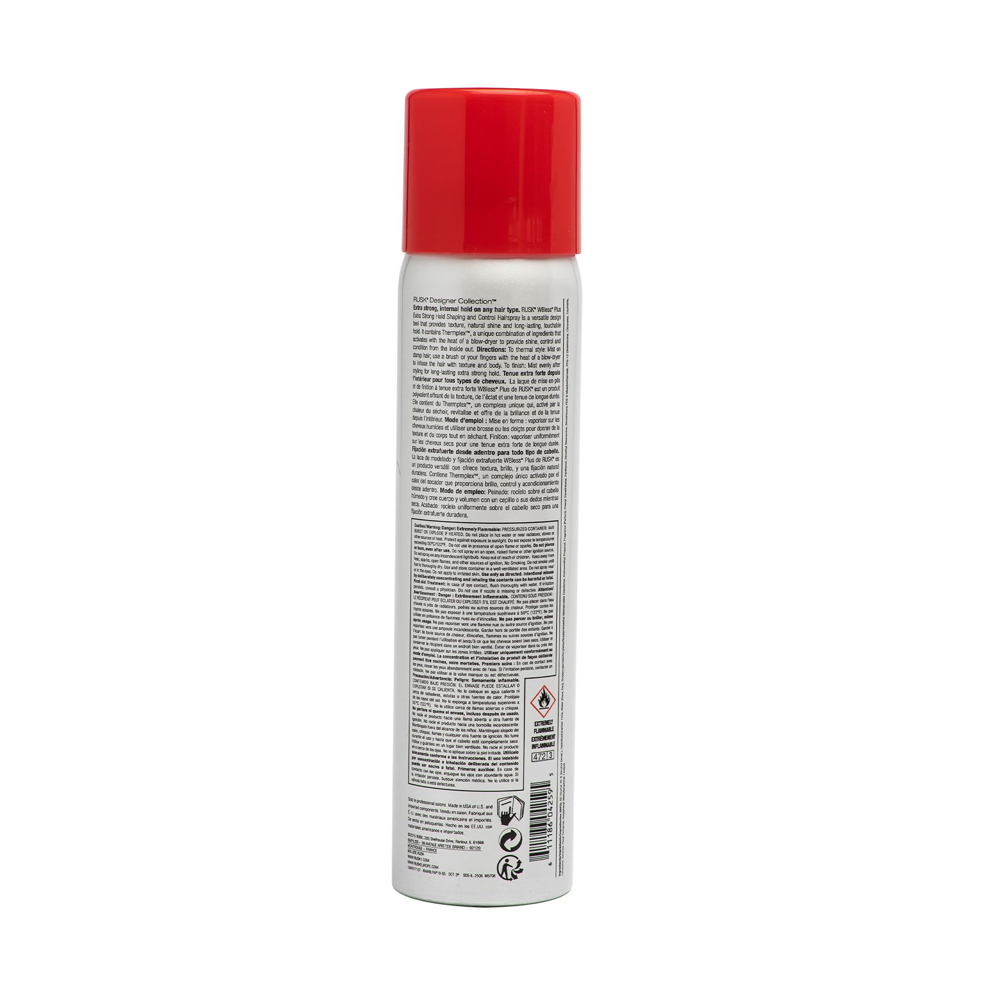 RUSK W8LESS Plus hairspray mist application demonstrates versatile styling during blow-drying.