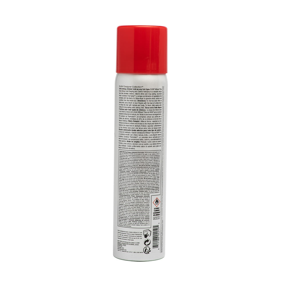 RUSK W8LESS Plus hairspray mist application demonstrates versatile styling during blow-drying.