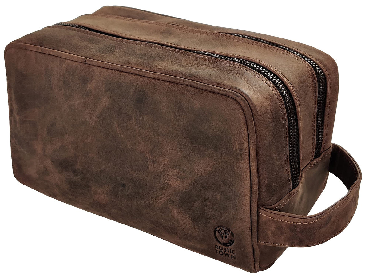 RUSTIC TOWN full-grain leather travel toiletry bag in dark brown for organized packing.