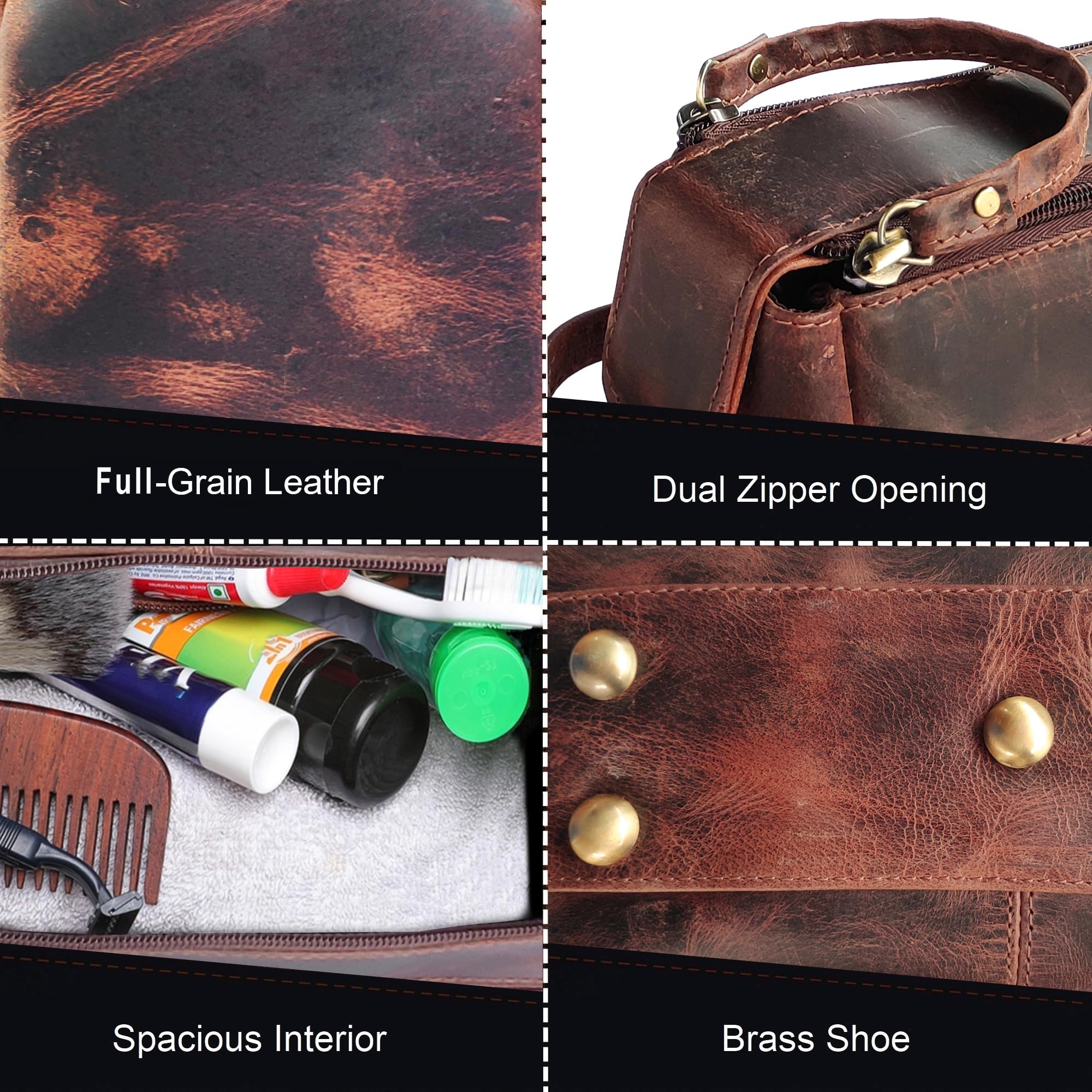 RUSTIC TOWN leather toiletry bag interior shows organized compartments.