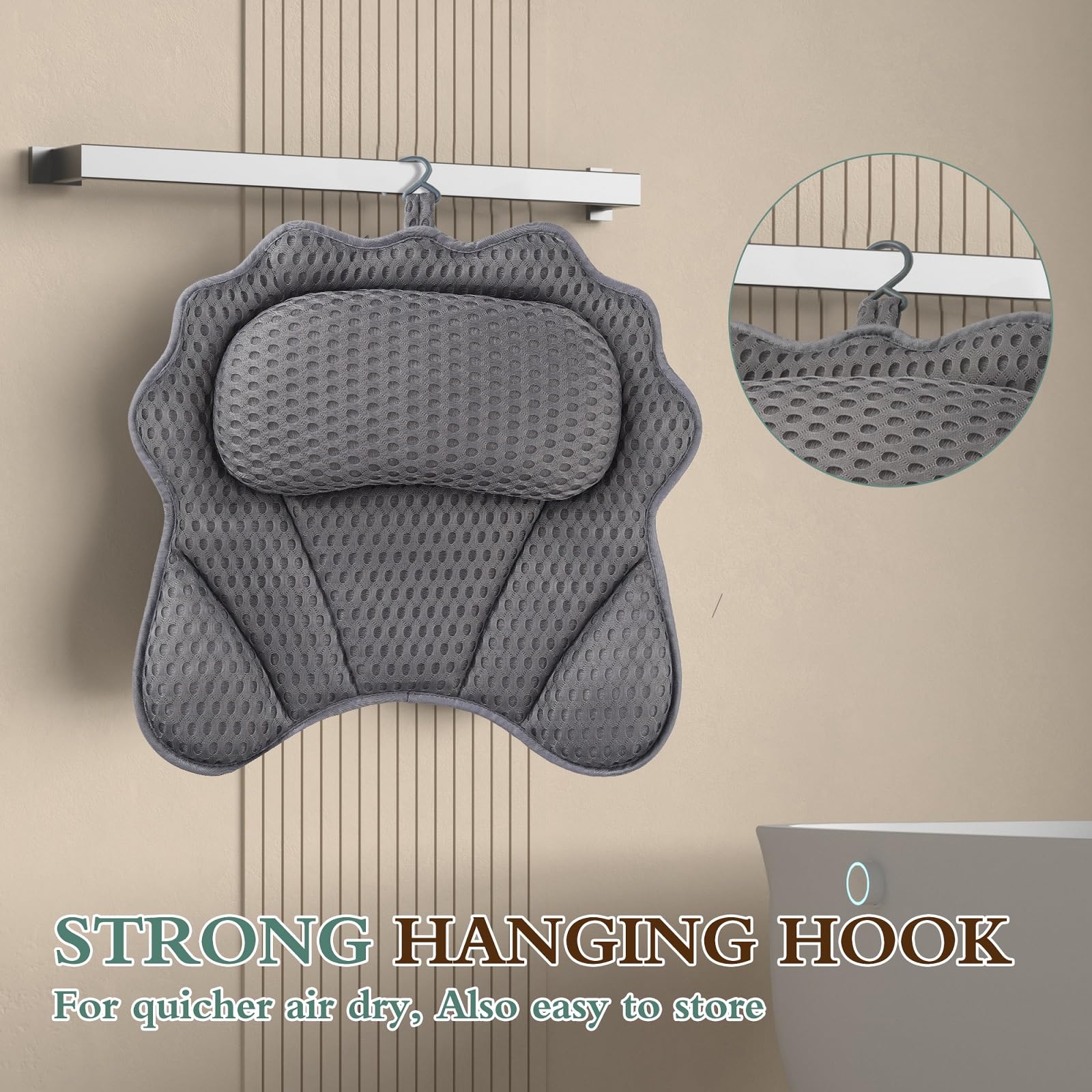 RUVINCE bath pillow with six suction cups stays securely in place