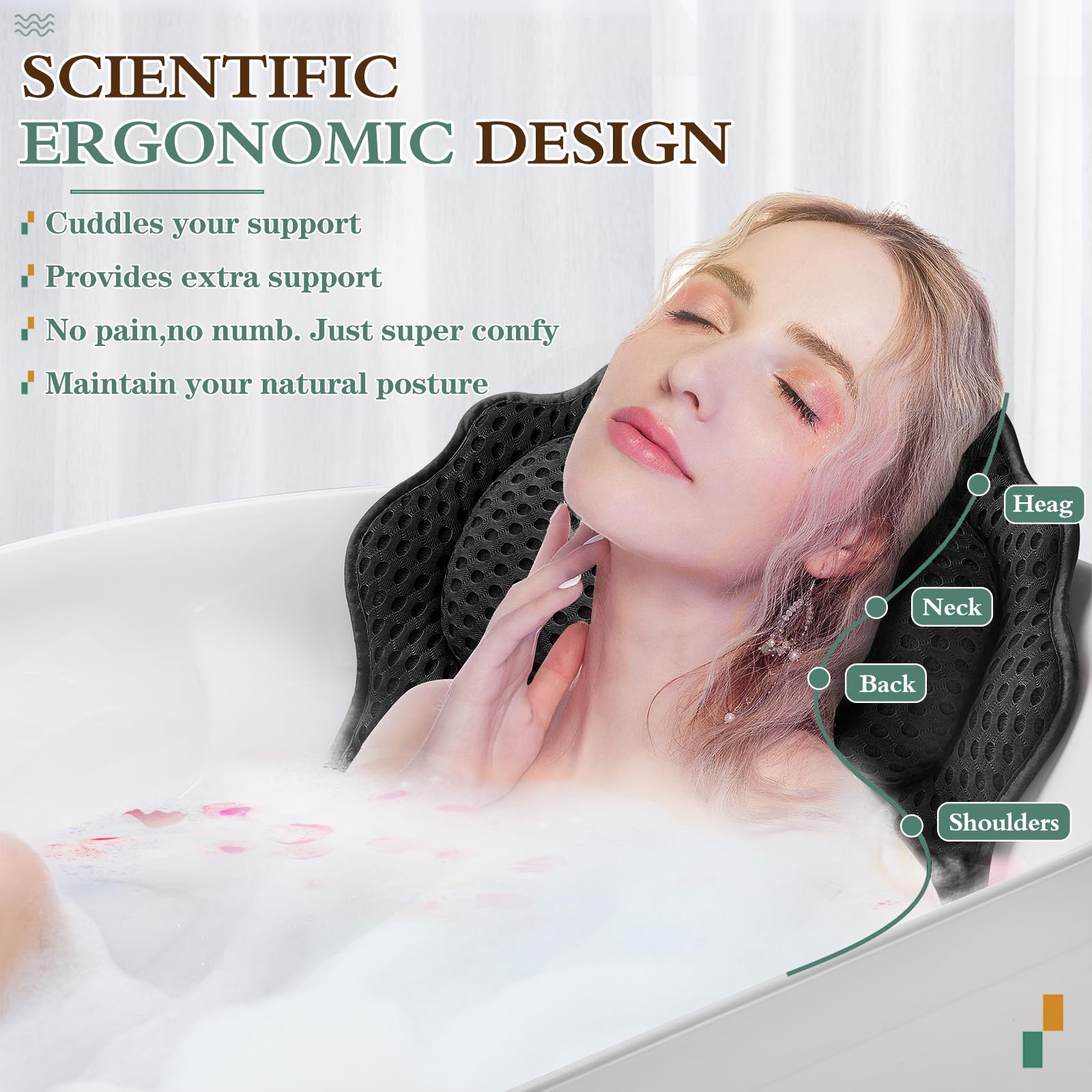 RUVINCE bath pillow headrest closeup reveals plush cushioning for head comfort