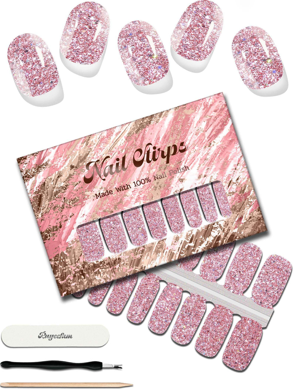 Ruyeefam tiras de esmalte purpurina rosado brillo para manicura rápida