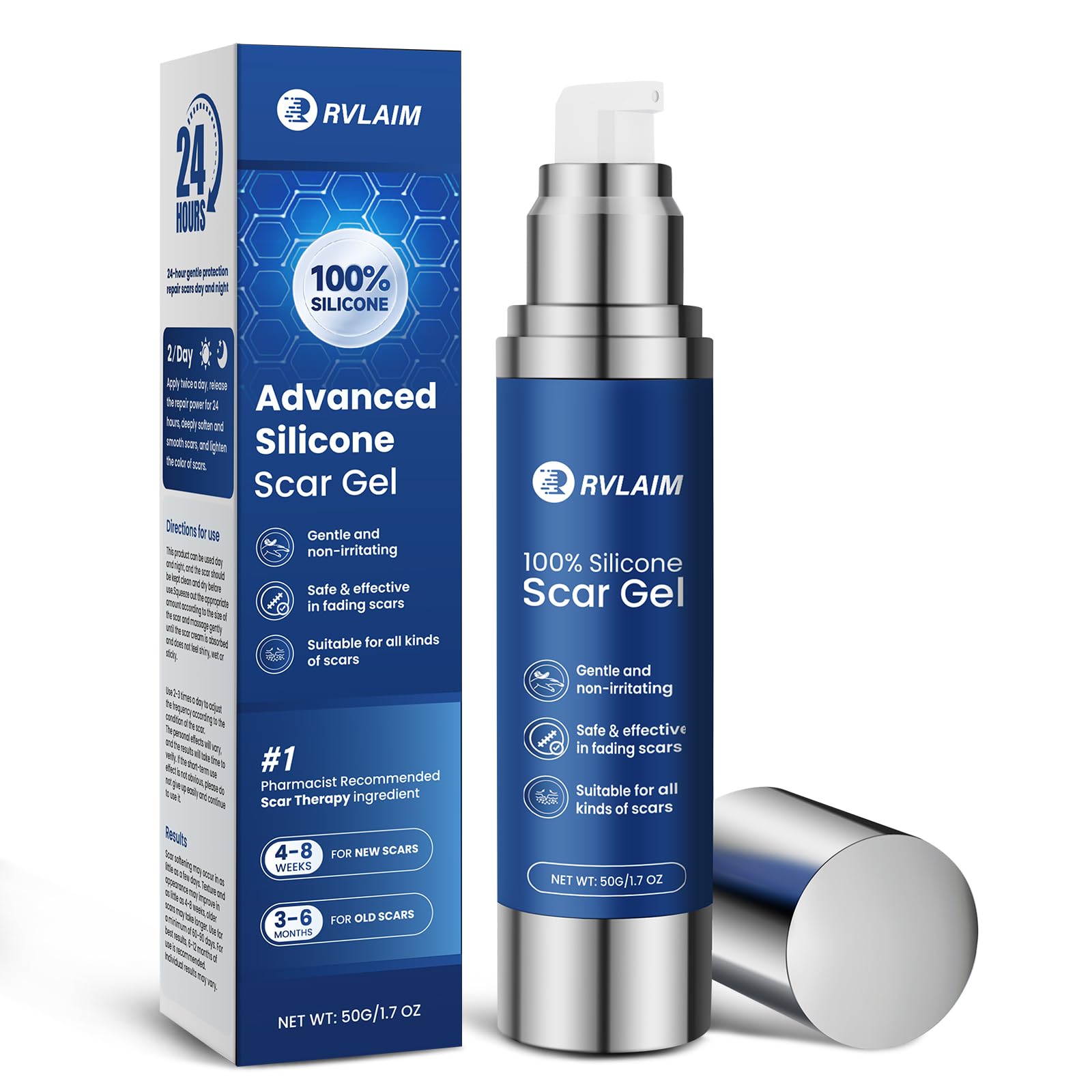 Rvlaim Scar Gel bottle dispensing on scar area for quick absorption.