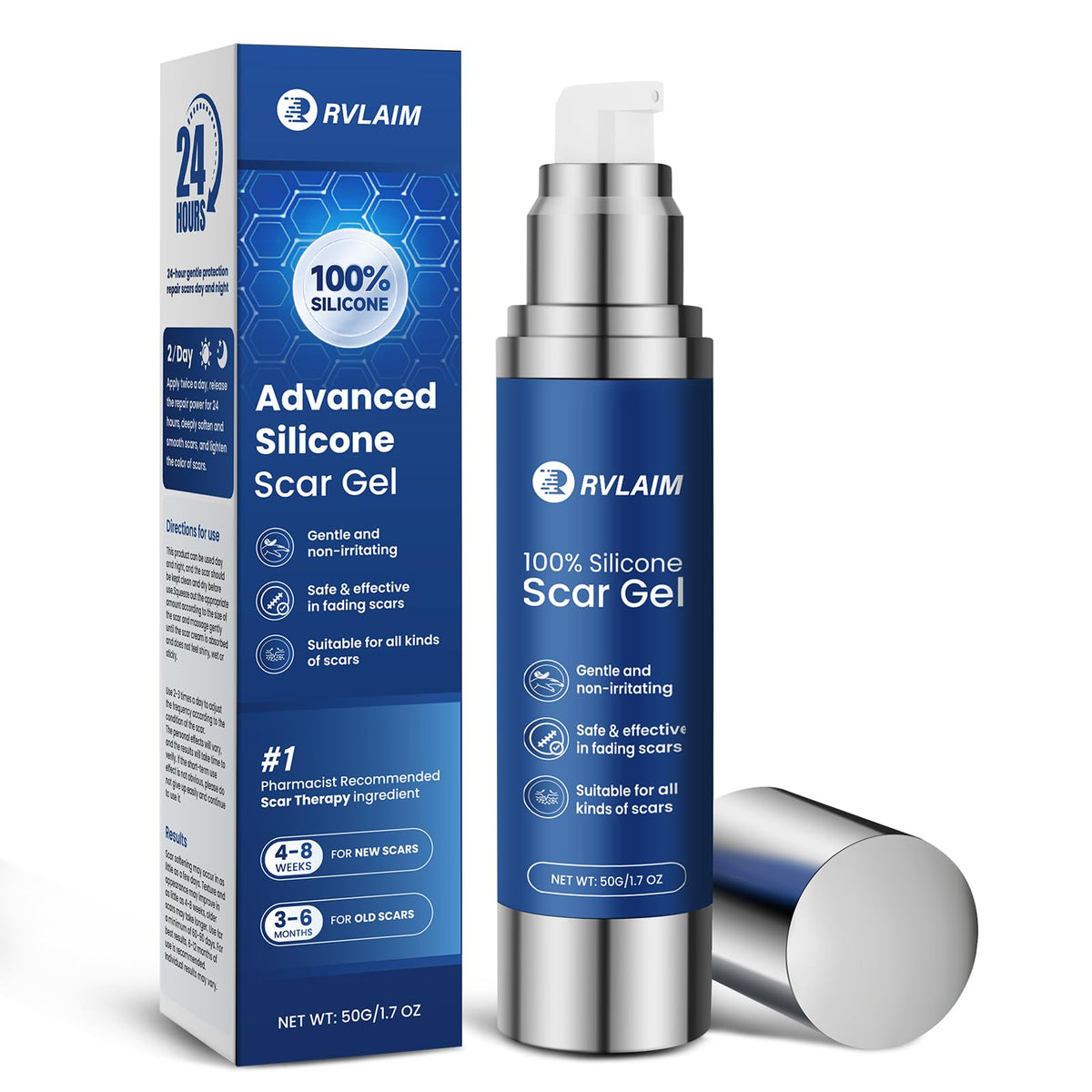 Rvlaim Scar Gel bottle dispensing on scar area for quick absorption.