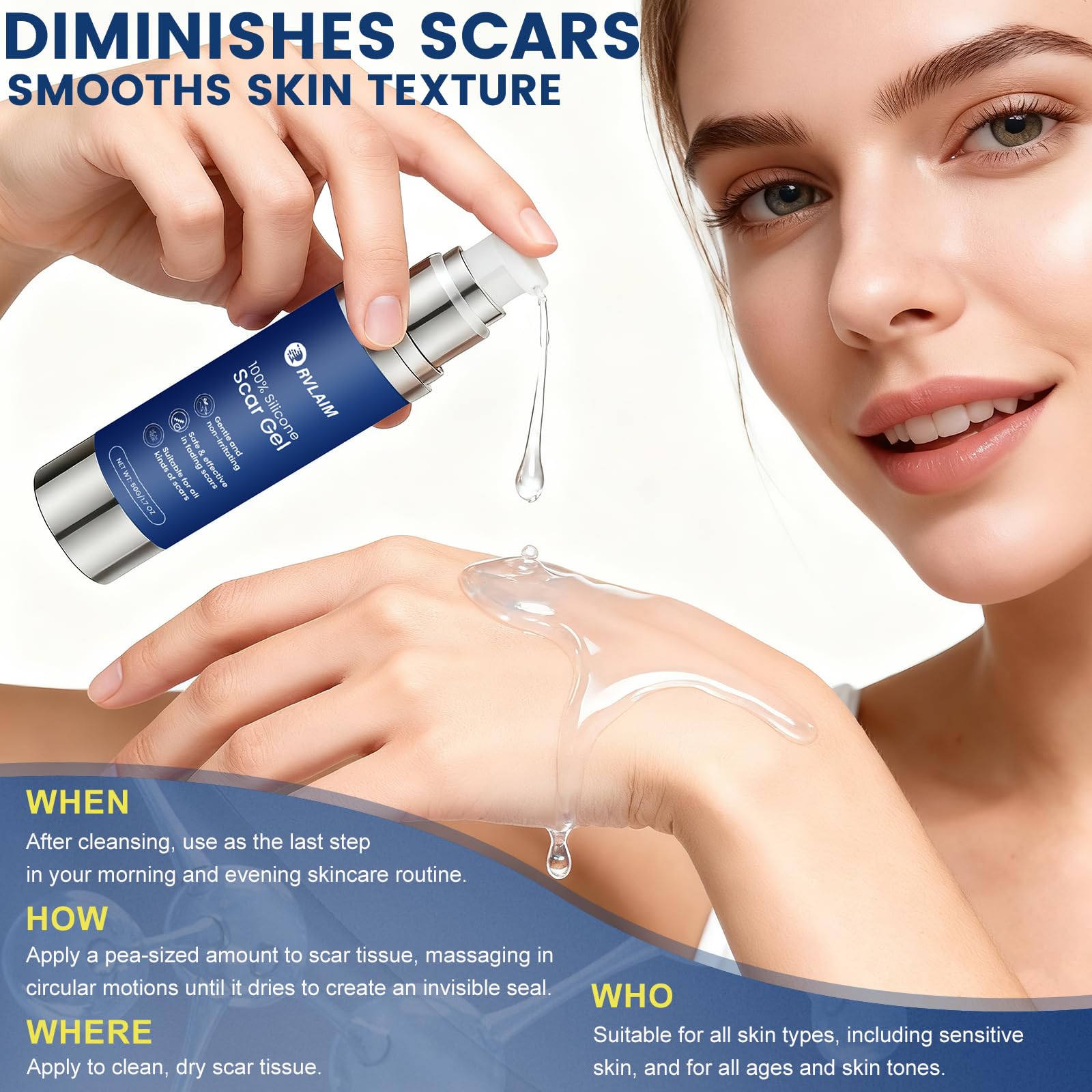 Rvlaim Scar Gel ingredients label emphasizes medical-grade silicone base.