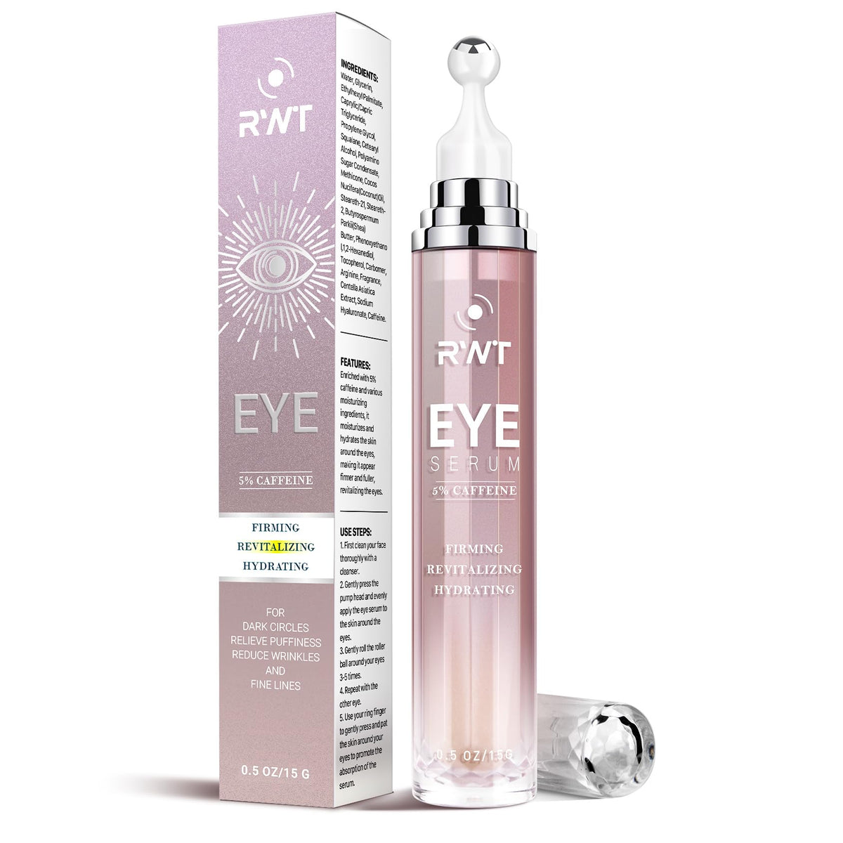 RWT crema de ojos con cafeína 5% y rodillo 360° para absorción rápida.