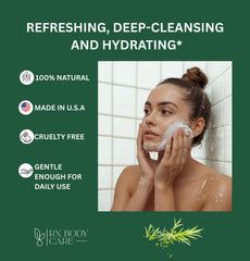 RX Body Care Tea Tree Oil Bar lather close-up shows rich face and body cleansing