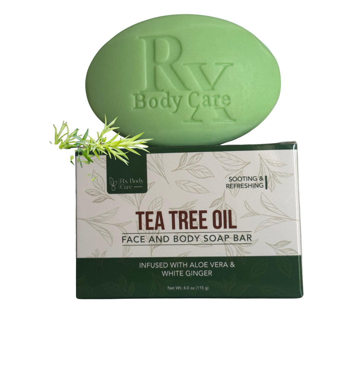 RX Body Care Tea Tree Oil Bar packaging highlights natural cleansing ingredients