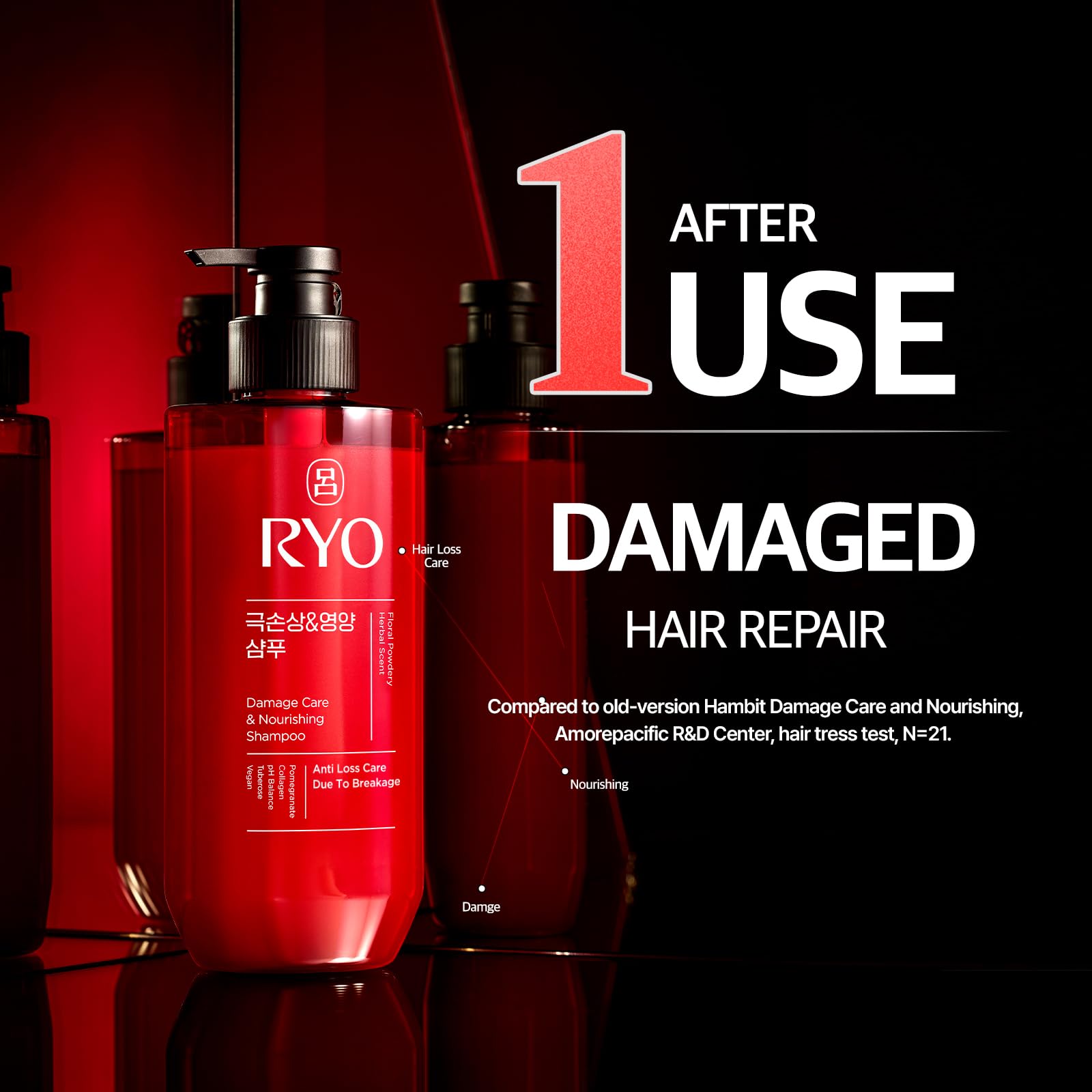 Ryo champú para cabello dañado que muestra reparación con granada y camelia