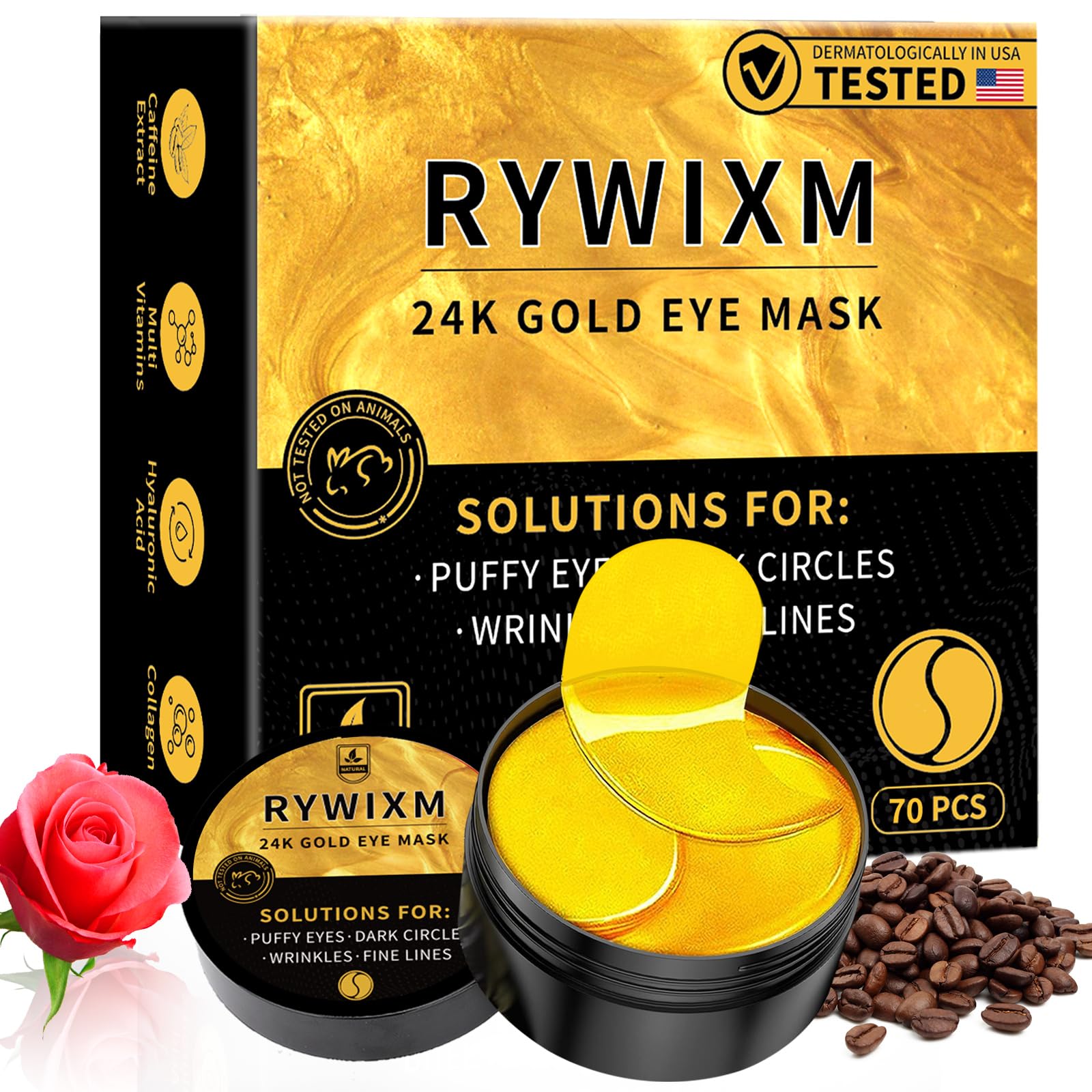 Rywixm 24K Gold Eye Masks pack with 70 patches for daily use